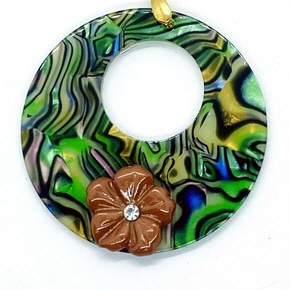 Abalone Shell Style Flower Rhinestone Dangle Earrings - Picture 3 of 4